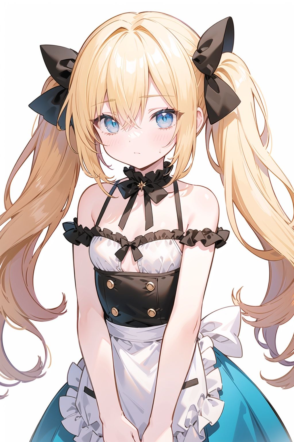 blue eyes,(apron:0.7),Bare shoulders,long hair,twintails,yellow hair,blue_eyes,bow,breasts,**ile

pink hair,yellow eyes,hair over one eye,hair tie,medium hair with long locks , low tied,low ponytail,long locks,solo locks,flat chest,bare shoulders,blush,closed mouth, 