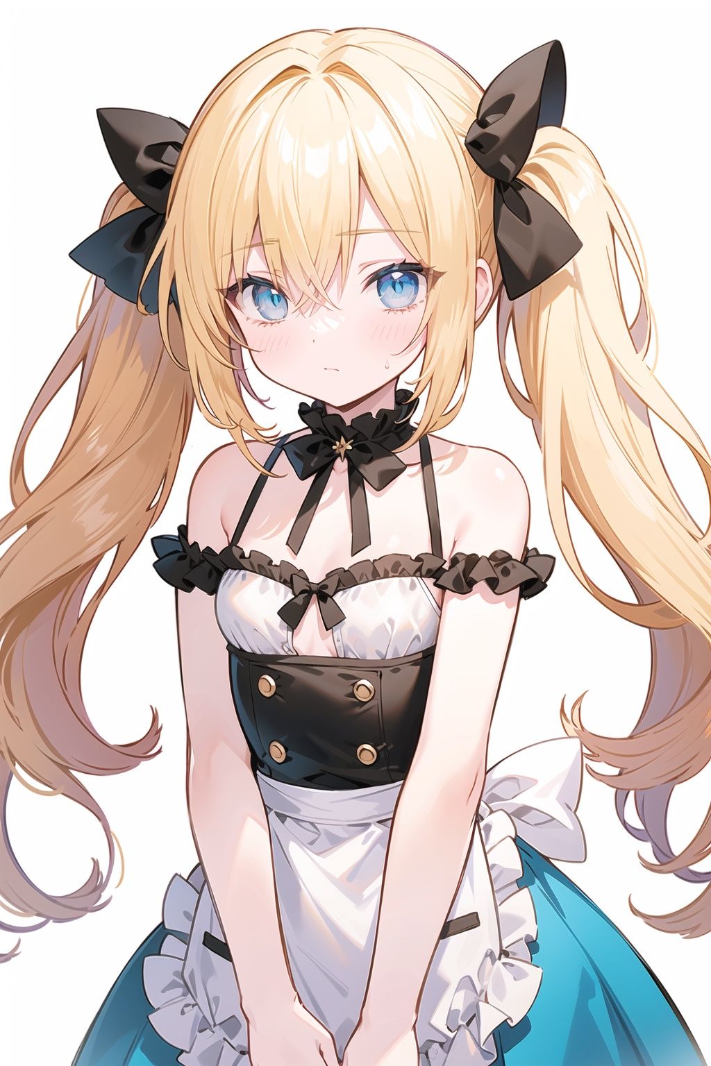 blue eyes,(apron:0.7),Bare shoulders,long hair,twintails,yellow hair,blue_eyes,bow,breasts,**ile

pink hair,yellow eyes,hair over one eye,hair tie,medium hair with long locks , low tied,low ponytail,long locks,solo locks,flat chest,bare shoulders,blush,closed mouth, 