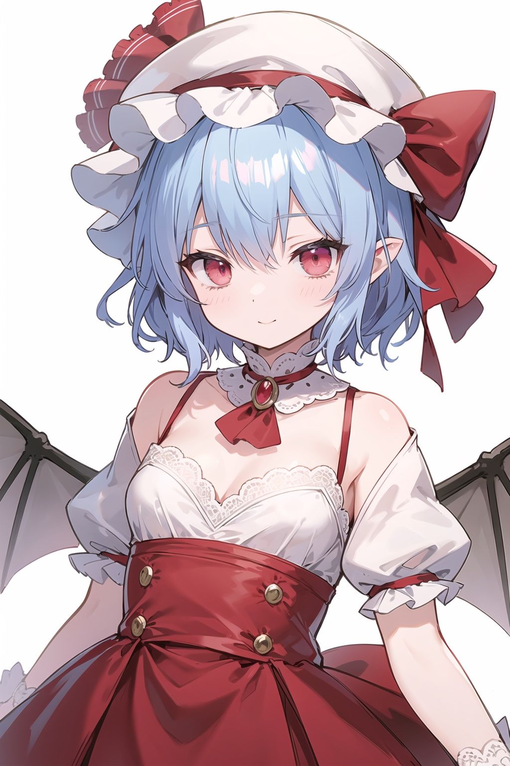 Remilia Scarlet,zun hat,extremely detailed lace,:) , upper body,arms at sides,lace,