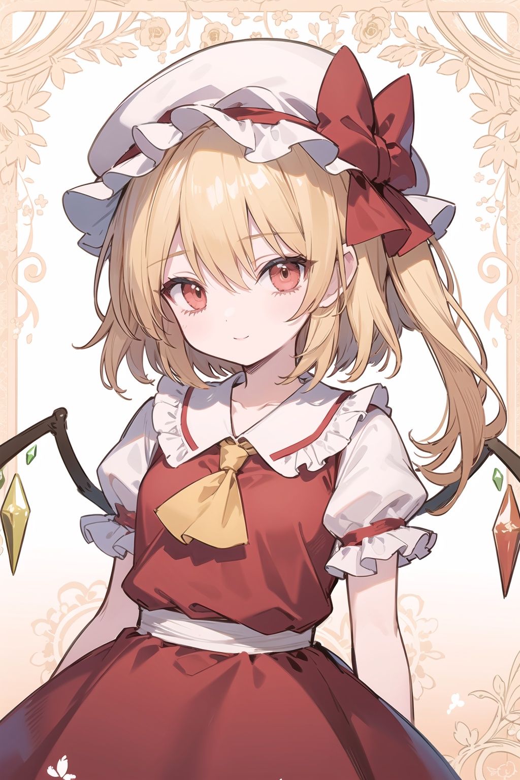 Flandre Scarlet,zun hat,extremely detailed lace,:) , upper body,arms at sides,lace,golden hair,Pattern background