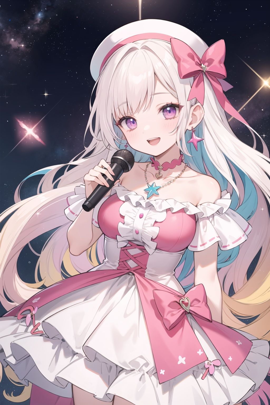 Microphone in hand, Masterpiece, absurdres, best quality, highest quality, highly detailed, 1girl, solo, drop dead gorgeous woman, ulzzang, vibrant, sublime, colorful, iridescent colors, laughing, giggling, long dark eyelashes, large eye highlights, highlighted cheeks, glittery pink glossy lips, shiny earrings, necklace, multicolored, rainbow flare, Galaxy, bokeh, in the style of Lisa Frank, choker, +++++, white hair, earrings, galaxy hair, very long wavy hair, , magical girl, purple eyes, pink headwear, pink bow, Space Dress, Galaxy  Dress