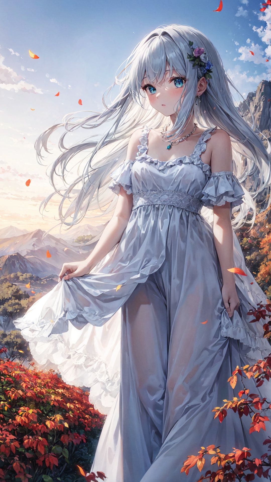 {{masterpiece}}, {{best quality}}, {ultra-detailed}, {{extremely detailed}}, 4K, {8K}, best quality, {beautiful}, mountain, green meadow, morning, autumn, a pretty woman, solo, dress, beautiful silver hair0, {beautiful eyes}, long hair, necklace, wind effect