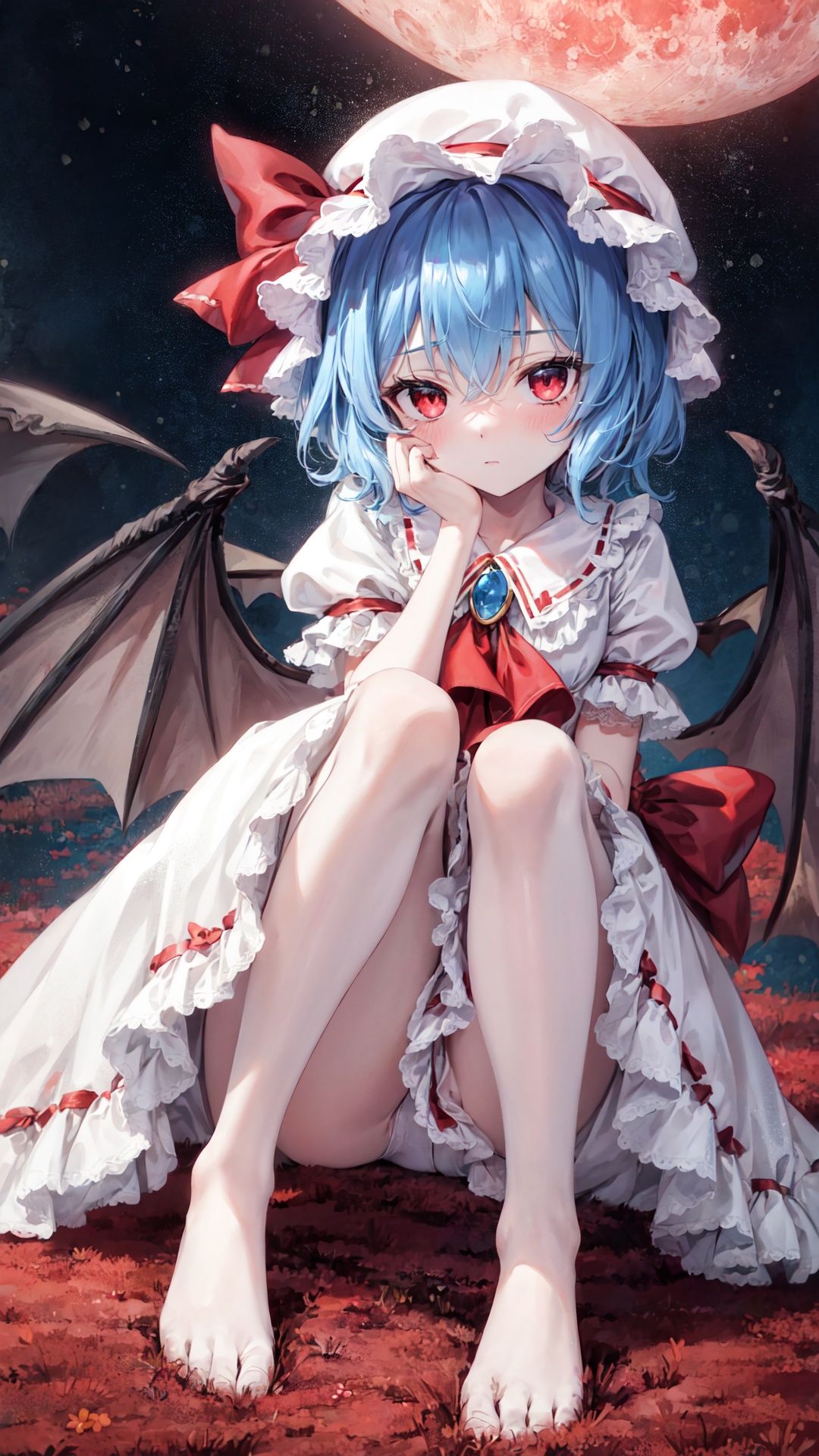 finely detail, Depth of field,(((masterpiece))),((extremely detailed CG unity 8k wallpaper)),best quality, high resolution illustration,Amazing,intricate detail,(best illumination, best shadow, an extremely delicate and beautiful),
レミリア・スカーレット,

full_moon, ((red moon)), night, outdoors, blood, bare_tree,(((Blood red sky))), bat swarm,

((((remilia_scarlet))),Remilia Scarlet, (((1 loli))),(((9 years old))), ((little girl)), ribbon,Blue Hair,short hair,disheveled hair ,bat wing,DECAYING BAT WINGS,White Dress,red_moon, wings, solo, bloomers, hat_ribbon, barefoot, red_eyes, looking_at_viewer,