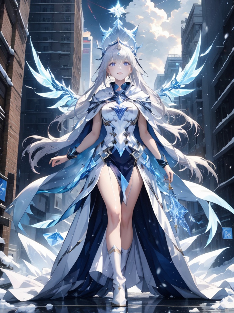 anime, A giant ice goddess, clothes made of ice, higher than clouds, uses miracles to create blizzards, snow storm, giant whirlwinds, terrible destruction, thunder that descends on the city, light of apocalypse , surreal , detailed , full body , big breasts , sexy , short skirt , pretty legs , white skin , white hair ,, (Detailed face features:1.3), (RAW photo, 16k, masterpiece, best quality: 1.2), (ultra realism, hyper detailed and intricate realism: 1.3), (wide depth of field, radiant mapping, ray tracing, god rays: 1.2),