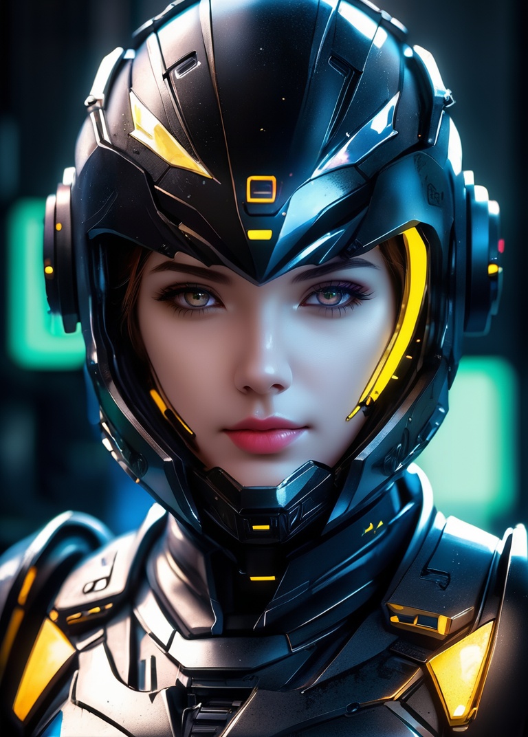 1girl, armor, blurry, cyberpunk, helmet, lips, nose, power armor, realistic, science fiction, solo, upper body