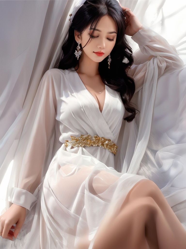 photo realistic, 1girl, arm support, black hair, breasts, closed eyes, dress, earrings, jewelry, lips, long hair, long sleeves, lying, makeup, realistic, robe, sash, see-through, simple background, sitting, solo, white dress