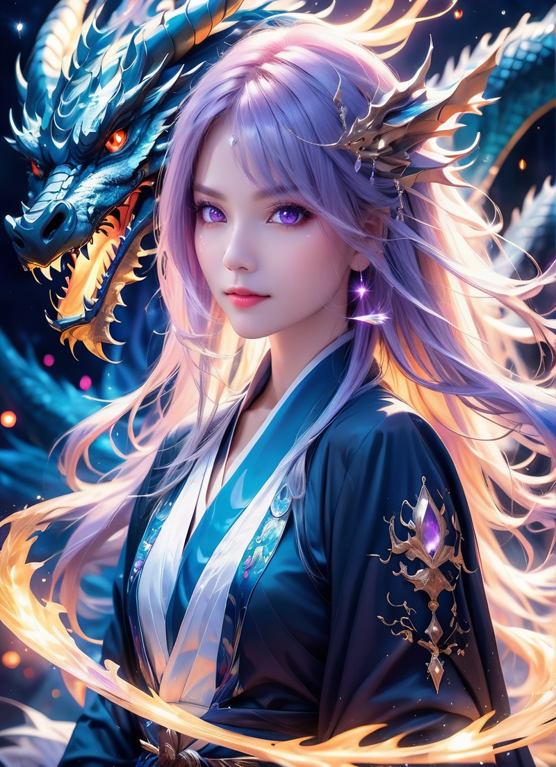masterpiece, best qualityultra-realistic mix fantasy,(1 giant eastern dragon:1.3) behind an asian woman holding a glowing sword,void energy diamond sword, in the style of dark azure and light azure, mixes realistic and fantastical elements, vibrant manga, uhd image, glassy translucence, vibrant illustrations, ultra realistic, long hair, straight hair, light purple hair,head jewelly, jewelly, shawls,light In eyes, red eyes, portrait, firefly, bokeh, mysterious, fantasy, cloud, abstract, colorful background, night sky, flame, very detailed, high resolution, sharp, sharp image, 4k, 8k, masterpiece, best quality, magic effect, (high contrast:1.4), dream art, diamond, skin detail, face detail, eyes detail, mysterious colorful background, dark blue themes