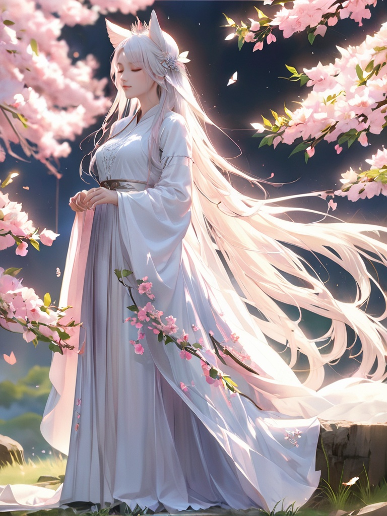 (masterpiece , best_quality:1.5 ), 1girl, branch, breasts, cherry blossoms, closed eyes, dress, flower, from side, hair flower, hair ornament, long dress, long hair, long sleeves, petals, pink flower, pointy ears, profile, solo, standing, very long hair, white dress, white hair, wide sleeves