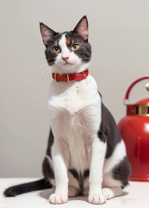 A calico cat with a red collar and bell,  sitting on a white table. The cat is looking at the camera with a curious expres...