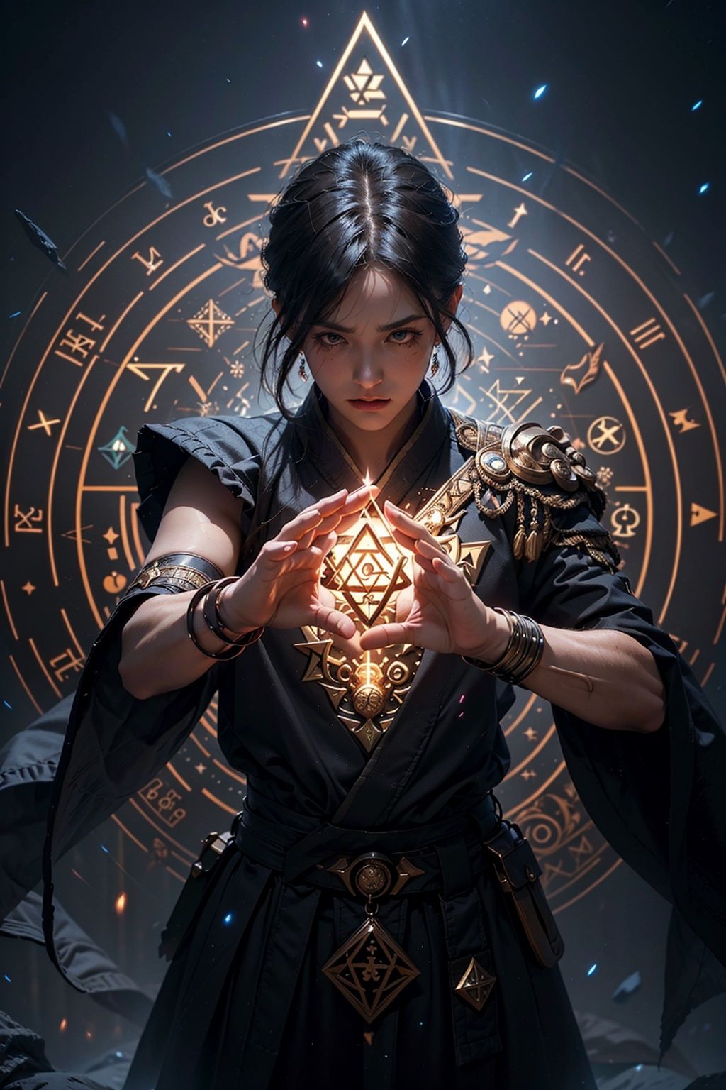 ndsome, gestures forming spells, martial arts and fairy-like vibe, carrying a hexagram magic array on his back, game character, surrounded by runes, magic patterns surrounding, best quality, masterpiece, cg, hdr, high definition, extremely detailed, detailed face, superhero, hero, detailed UHD,  3D rendering, 