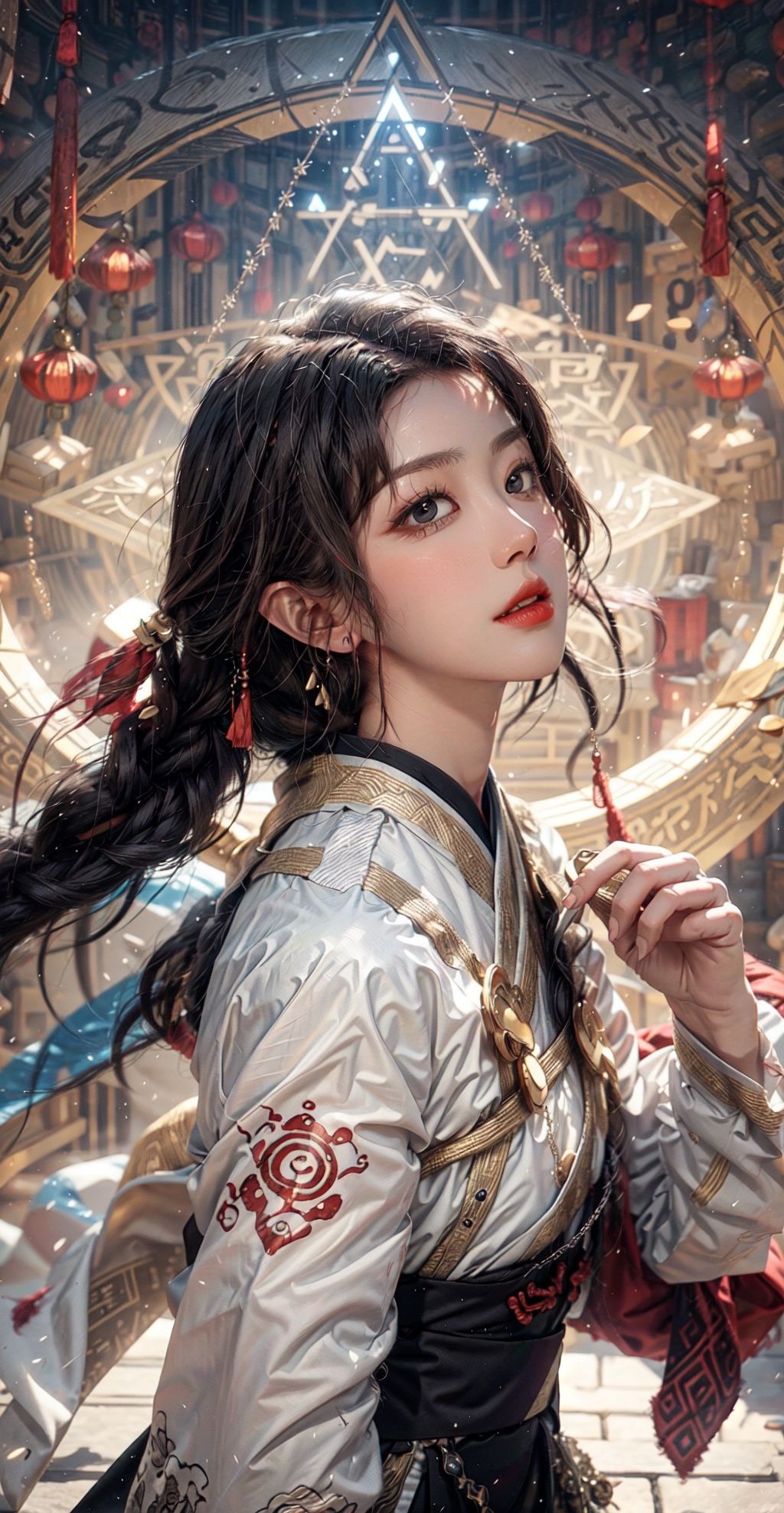 (Low angle shooting, ultra wide angle shooting), a beautiful girl from ancient China standing in the air, surrounded by golden runes, black hair, long hair, messy hair, (facial focus), delicate eyebrows, beautiful facial features, (upper body close-up photo: 1.2), shining runes, blue Hanfu, (surrounded by long rotating scrolls: 1.2), (floating transparent Chinese characters), dynamic actions, best picture quality, 3D rendering, looking up, ultra wide angle, fisheye, Lens focus, ultra realistic and detailed, high detail texture, ultra high quality, 16k,guanyin,orange and blue,yuyao,hand101