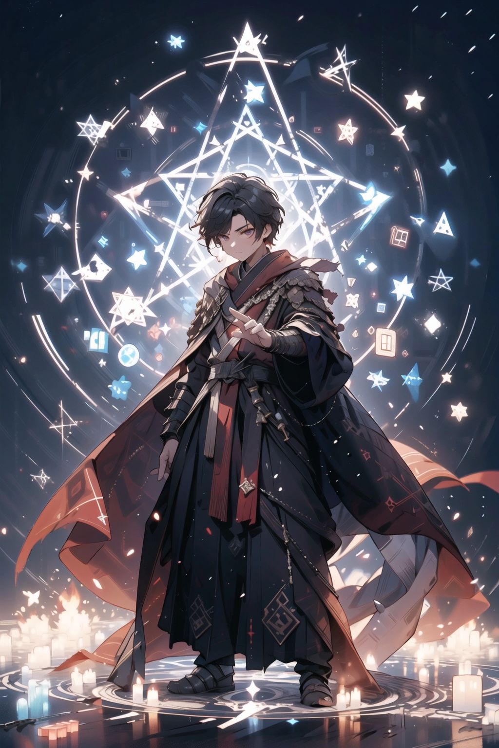 A young man dressed in ancient mage clothing, flame robe, handsome, gestures forming spells, martial arts and fairy-like vibe, carrying a hexagram magic array on his back, game character, surrounded by runes, magic patterns surrounding, best quality, masterpiece, cg, hdr, high definition, extremely detailed, detailed face, superhero, hero, detailed UHD, vfx, 3D rendering, 