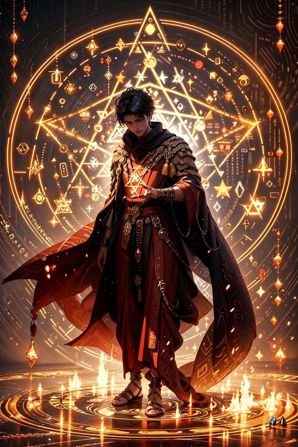 A young man dressed in ancient mage clothing, flame robe, handsome, gestures forming spells, martial arts and fairy-like vibe, carrying a hexagram magic array on his back, game character, surrounded by runes, magic patterns surrounding, best quality, masterpiece, cg, hdr, high definition, extremely detailed, detailed face, superhero, hero, detailed UHD, vfx, 3D rendering, 