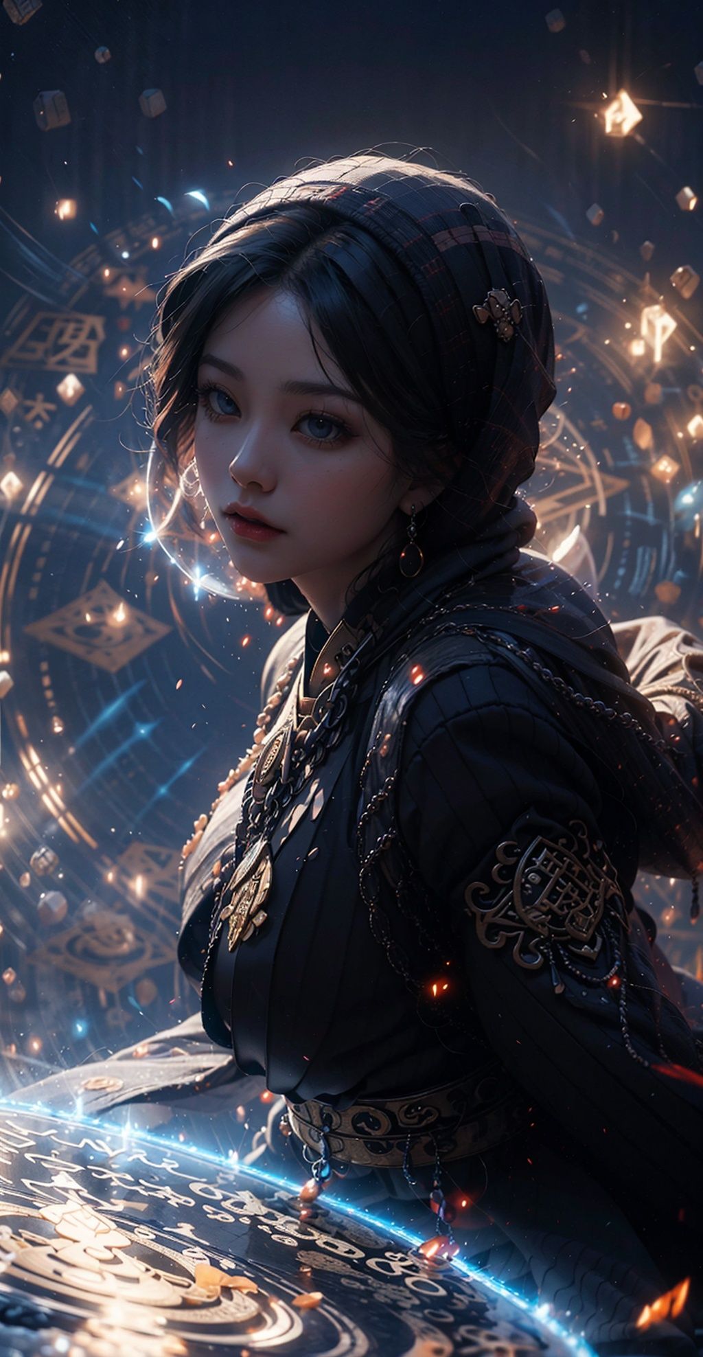 (Low angle shooting, ultra wide angle shooting), a beautiful girl from ancient China standing in the air, surrounded by golden runes, black hair, long hair, messy hair, (facial focus), delicate eyebrows, beautiful facial features, (upper body close-up photo: 1.2), shining runes, blue Hanfu, (surrounded by long rotating scrolls: 1.2), (floating transparent Chinese characters), dynamic actions, best picture quality, 3D rendering, looking up, ultra wide angle, fisheye, Lens focus, ultra realistic and detailed, high detail texture, ultra high quality, 16k,guanyin,orange and blue,yuyao,hand101