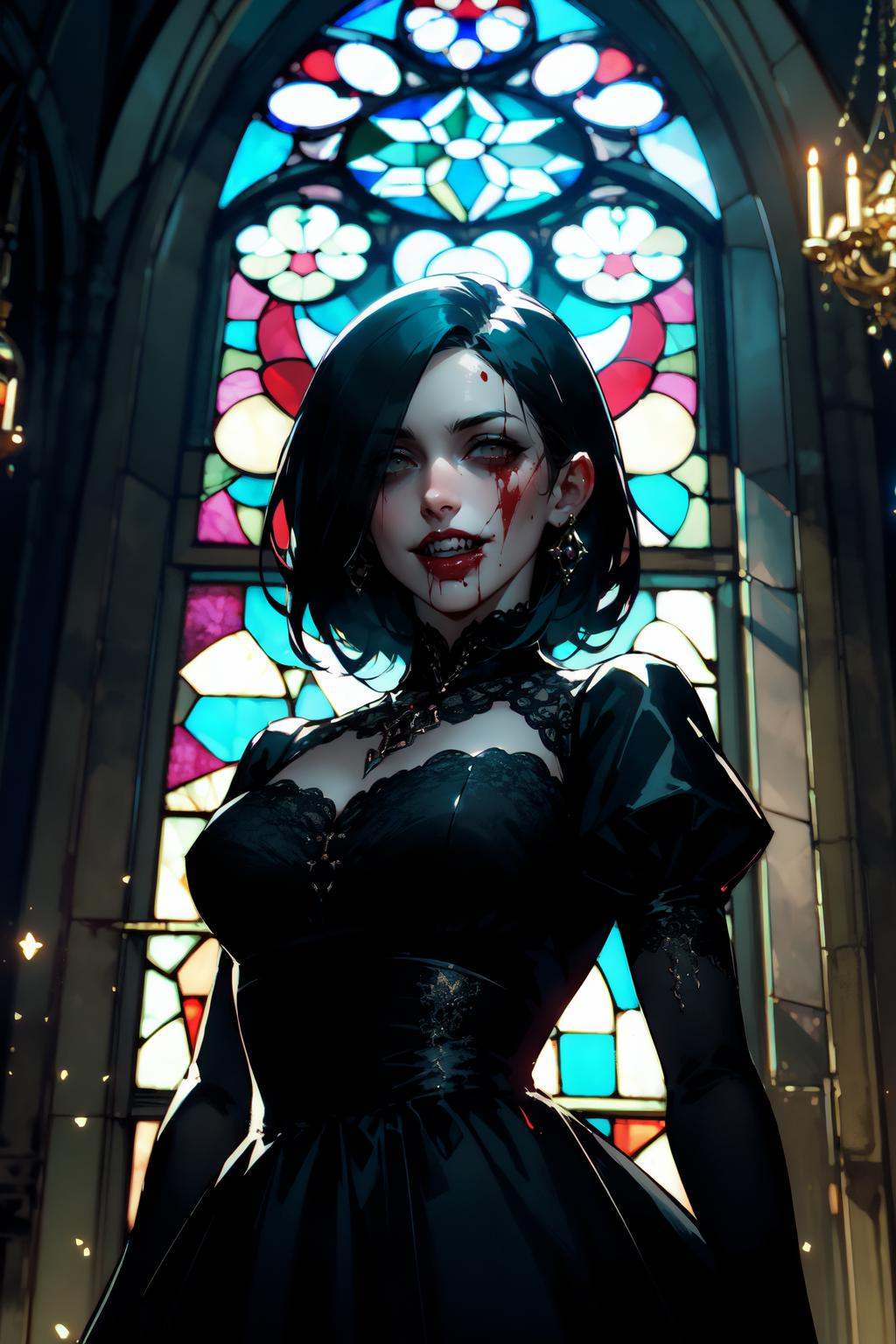 portrait of vampire queen standing in dark,  no pupils,  ornate black dress on Tensor.Art