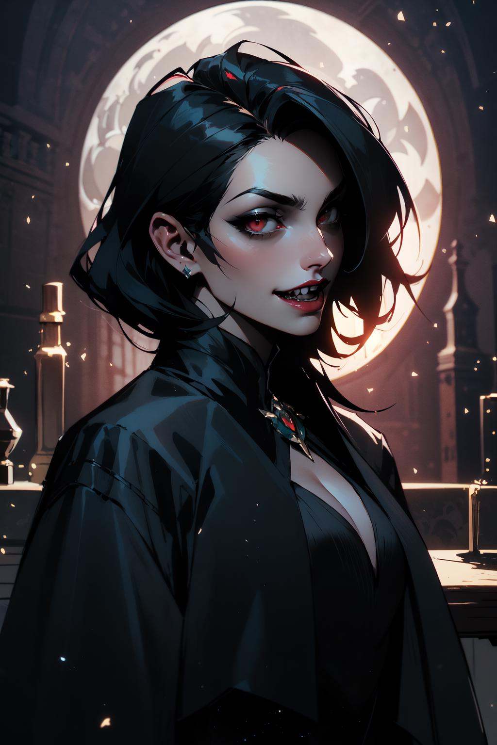 portrait of vampire queen standing in dark,  black hair,  no pupils on Tensor.Art