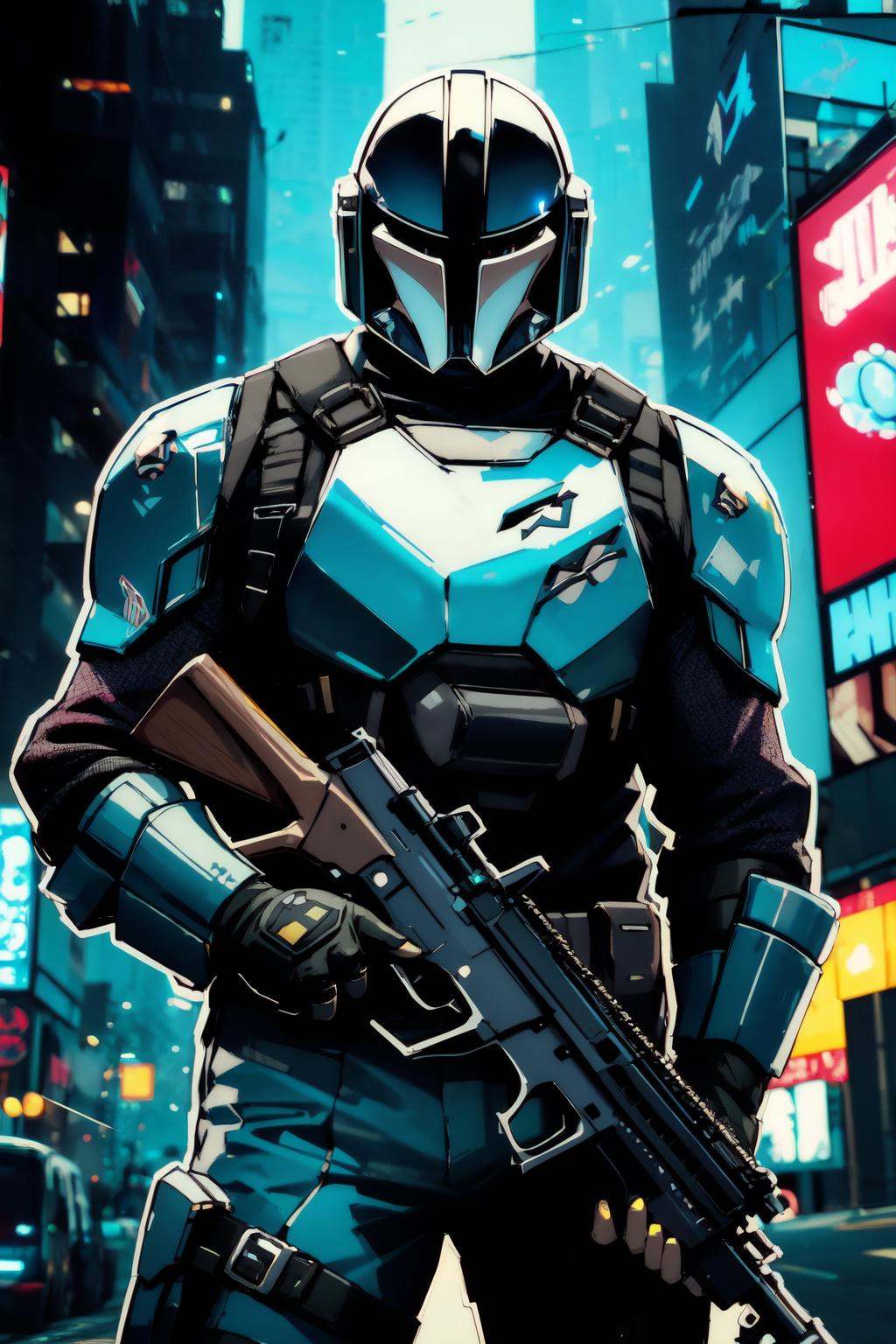 nijistyle,  cyberpunk bounty hunter mandalorian,  holding assault rifle on Tensor.Art