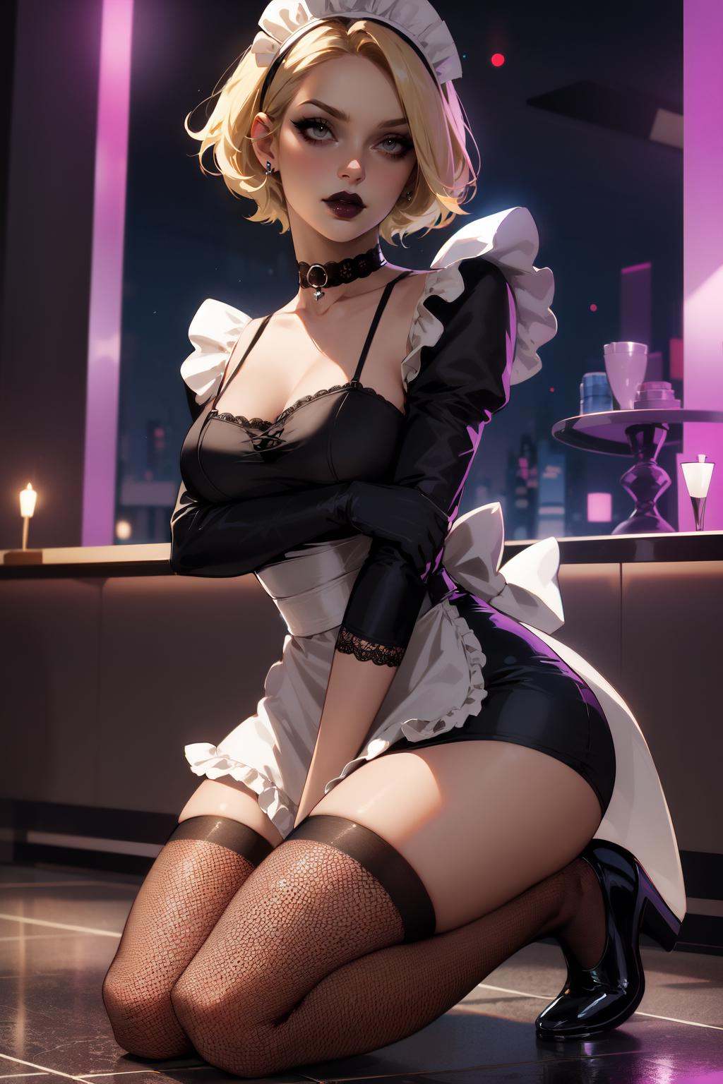1girl,  lady kneeling in maid apron,  short blonde hair on Tensor.Art