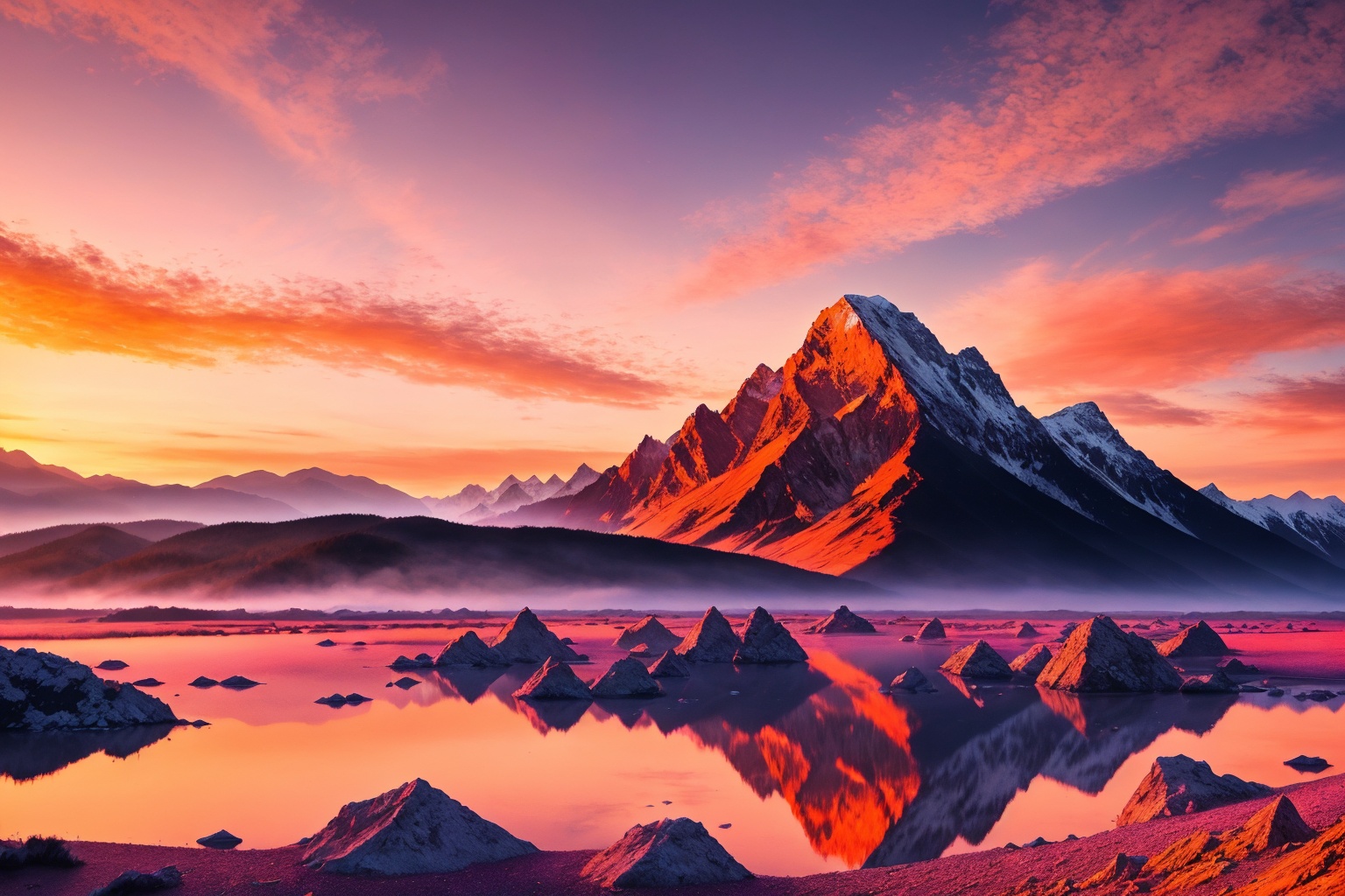 A towering mountain range made entirely of crystal,  shimmering under the light of a setting sun that paints the sky in hu...