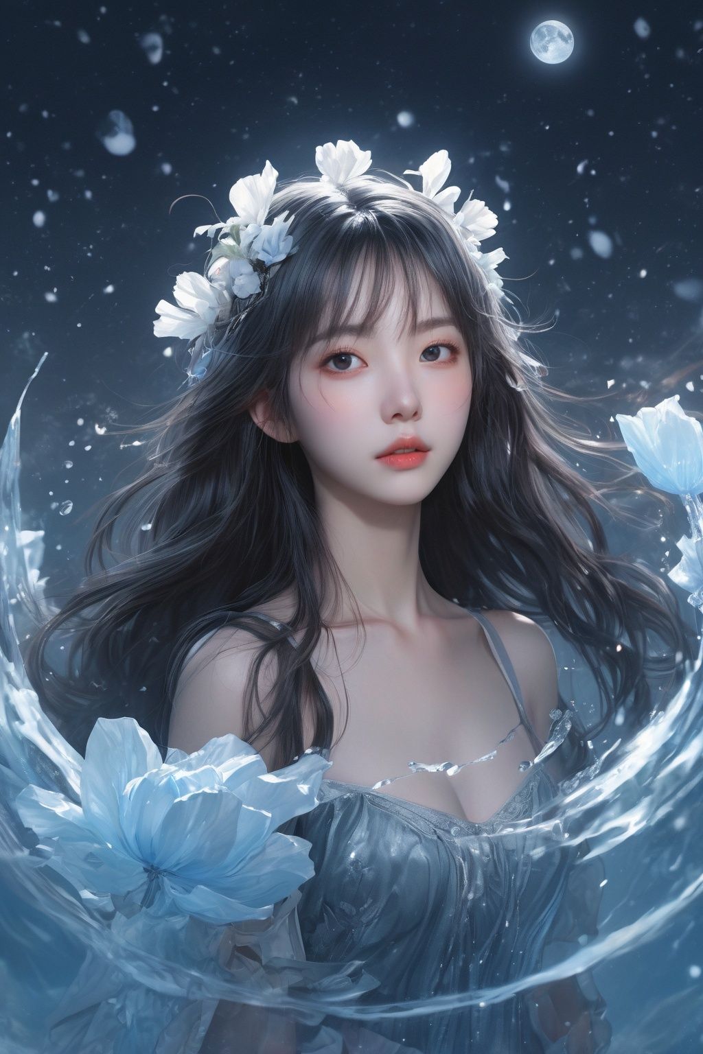 1girl,solo,looking at viewer,(photorealistic:1.4),hiten_1,(((masterpiece))),best quality,beautiful detailed glow,detailed ice,beautiful detailed water,red moon,snowflake,(beautiful detailed eyes),expressionless,beautiful detailed white gloves,(floating cloud:1.2),azure hair,disheveled hair,long bangs,hairs between eyes,dark dress,(dark magician girl:1.1),black kneehighs,black ribbon,white bowties,midriff,half closed eyes,big forhead,blank stare,flower,large top sleeves,, 1girl,solo,looking at viewer,Best quality,masterpiece,ultra high res,(photorealistic:1.4)