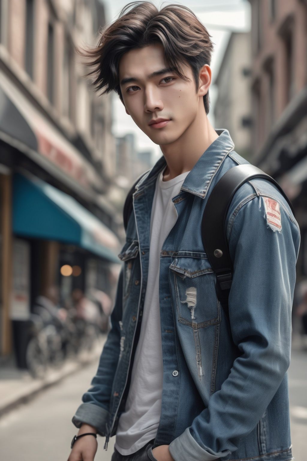 1boy,handsome,Asian,young man,(full body:1.5),(wearing black boots),(short black hair, messy hair:1.5),(beautiful eyes:1.2),(walking on the street:1.3),street,outdoor,day time,(ripped jeans:1.3),attractive,seductive,muscular,large pectorals,ab,toothy grin,best quality,masterpiece,ultra highres,photorealistic,realistic,, 1girl,solo,looking at viewer,Best quality,masterpiece,ultra high res,(photorealistic:1.4)
