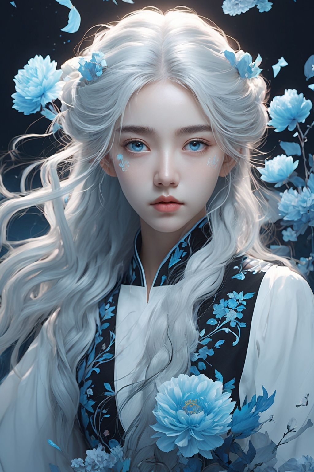 (official art, unity 8k wallpaper, ultra detailed, High quality, best quality), (blue black), flat color, limited palette, low contrast, (1girl:1.5), solo, (gloomy), (blue pigment:1.33), (expressionless eyes:1.3), long hair, messy hair, china dress, white hair, (glass:1.2), (reflection:1.2), (fantasy:1.2), (kaleidoscope:1.3), flower, from side, polyprism