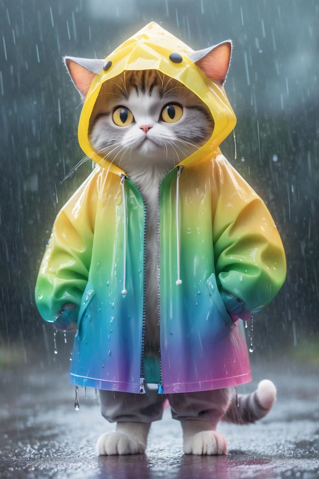 MG_ip,Pixar,rain,cat,no humans,hood,whiskers,zipper,animal,solo,tail,animal focus,colored sclera,cat tail,yellow eyes,yellow sclera,hood up,cat hood,jacket,Transparent raincoat,<lora:MG_ip:0.75>,rainbow gradient raincoat,