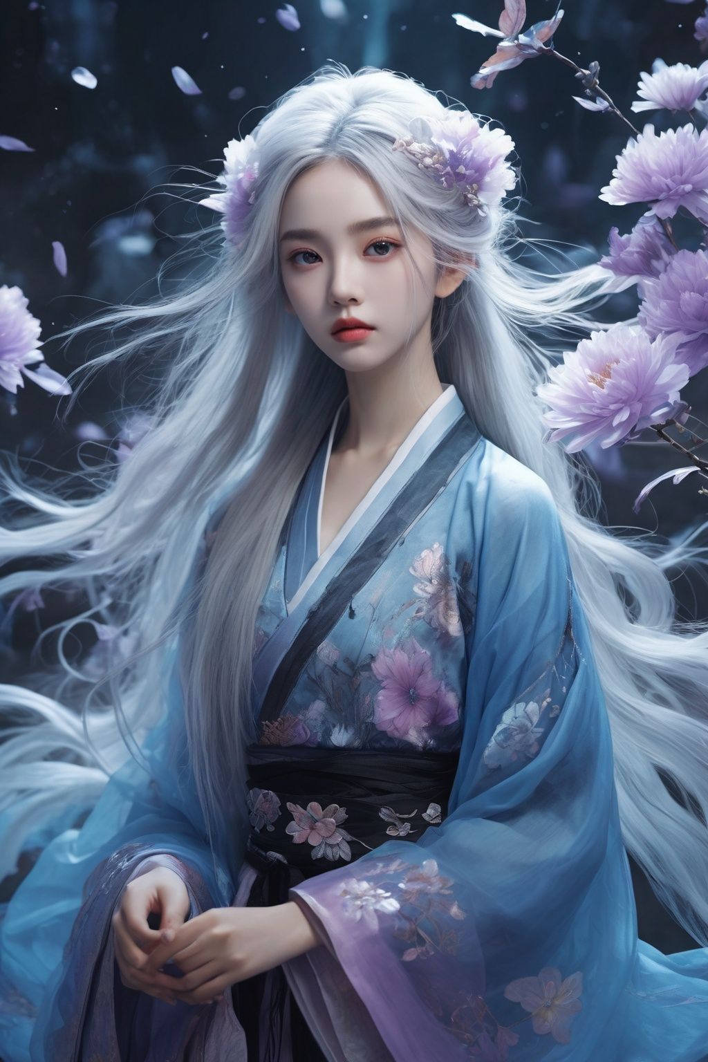 (official art, unity 8k wallpaper, ultra detailed, High quality, best quality), (blue black), flat color, limited palette, low contrast, (1girl:1.5), solo, (gloomy), (blue pigment:1.33), (expressionless eyes:1.3), long hair, messy hair, Light purple tulle hanfu dress, white hair, (glass:1.2), (reflection:1.2), (fantasy:1.2), (kaleidoscope:1.3), flower, from