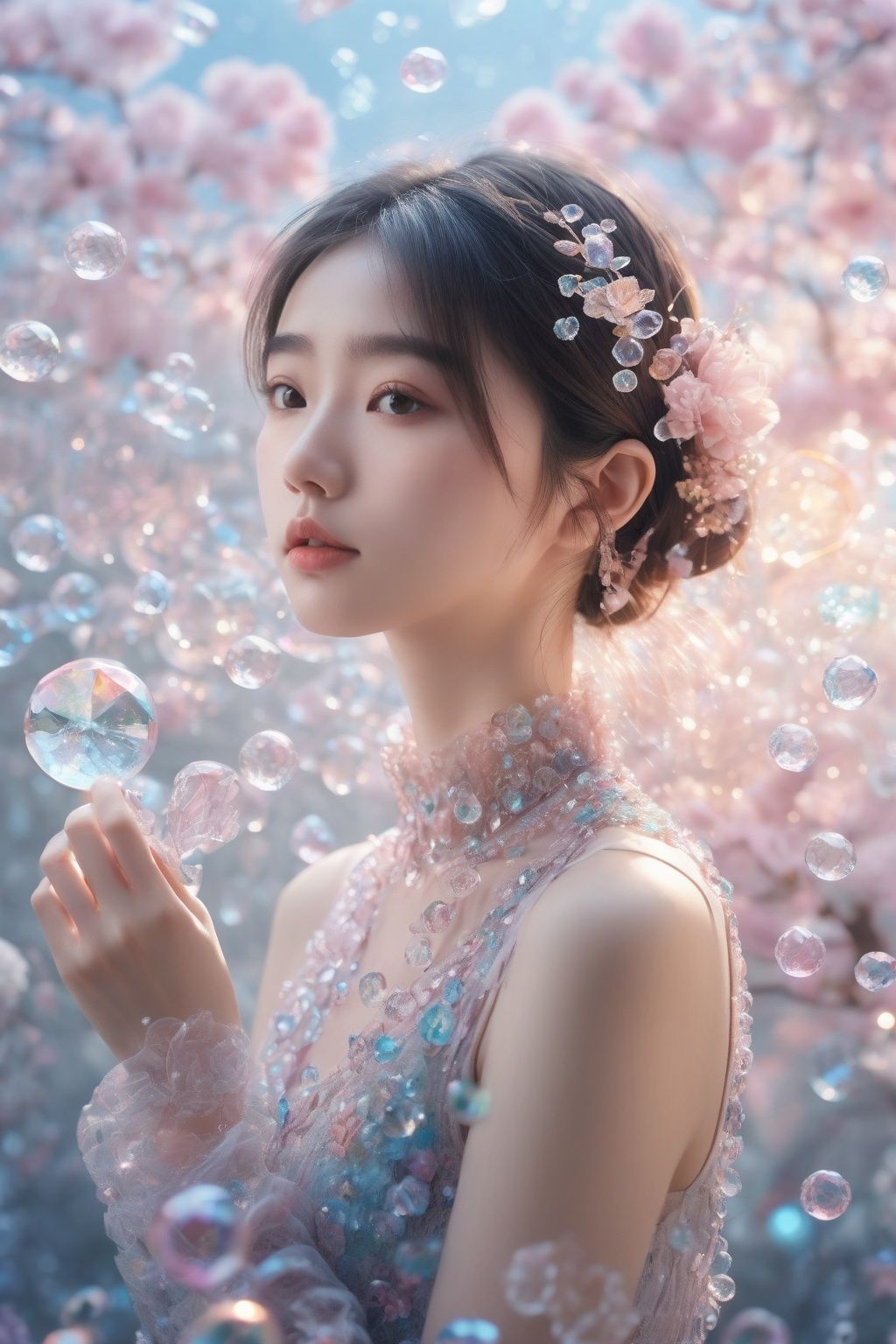 RAW photo, picture, masterpiece, best quality, insane details, 8k, 16k, , bokeh, , cinematic light, perfect lighting, , 1girl, 18yo, Japanese, chitanda_eru, , blank background, , fractal, zentangle, , pastel colored, , (crystal,  crystal flower,  crystal bubbles,  transparent,  resin:1.4)