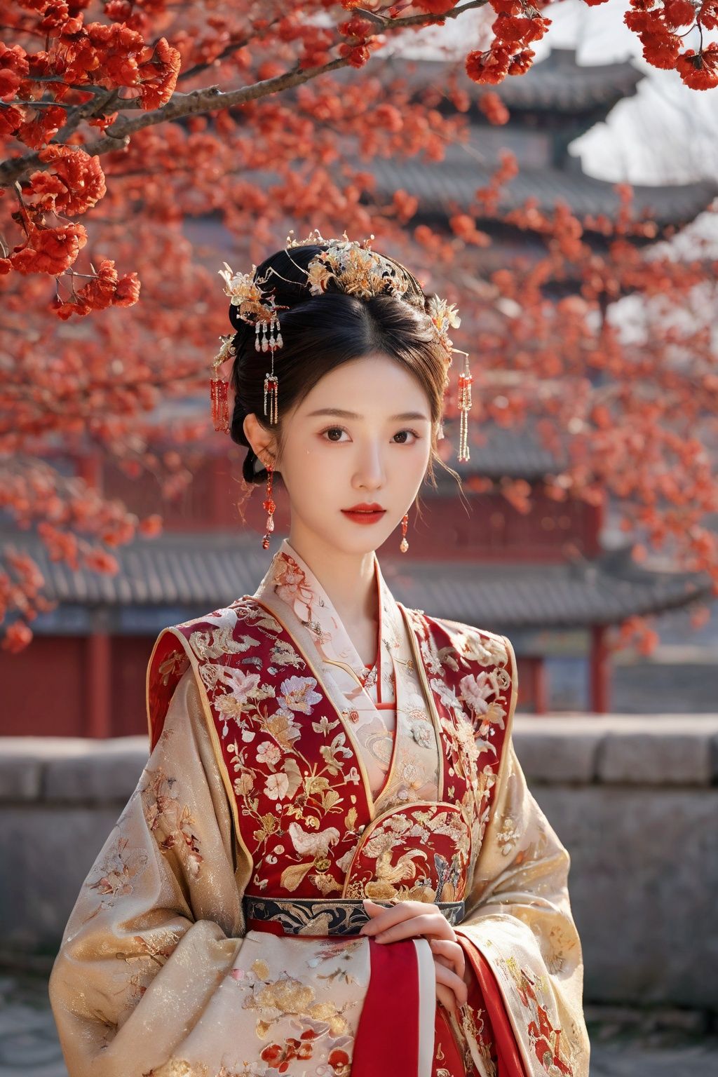 QIEMANCN,a photo of woman with a red and gold dress,hanfu,chinese style,grand spectacle,wide viewing angle,high definition,big scene,snowscape,plum blossom,looking at the camera,sharp focus,natural lighting,subsurface scattering,f2,35mm,film grain,<lora:国风-凤冠霞帔SDXL:0.75>,, 1girl,solo,looking at viewer,Best quality,masterpiece,ultra high res,(photorealistic:1.4)