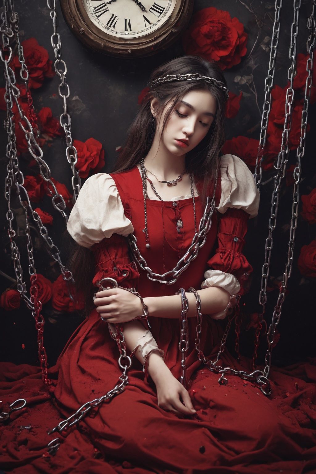 Surrealistic imagery,dreamlike atmosphere,vibrant and contrasting colors,intricate and detailed elements,somber lighting,introspective composition,surrounding emptiness,1girl,melancholic,melancholy,nostalgic,a sense of solitude,dress,long hair,blood splatter,chain,clock,roman numeral,hairband,floating hair,petals,chromatic aberration,puffy sleeves,floating,red chain,cuffs,(red chained:1.3),(red broken_chain:1.3),shackles,blood,handcuffs,anchor,broken,( red chain_restraint:1.4),JnTrp,