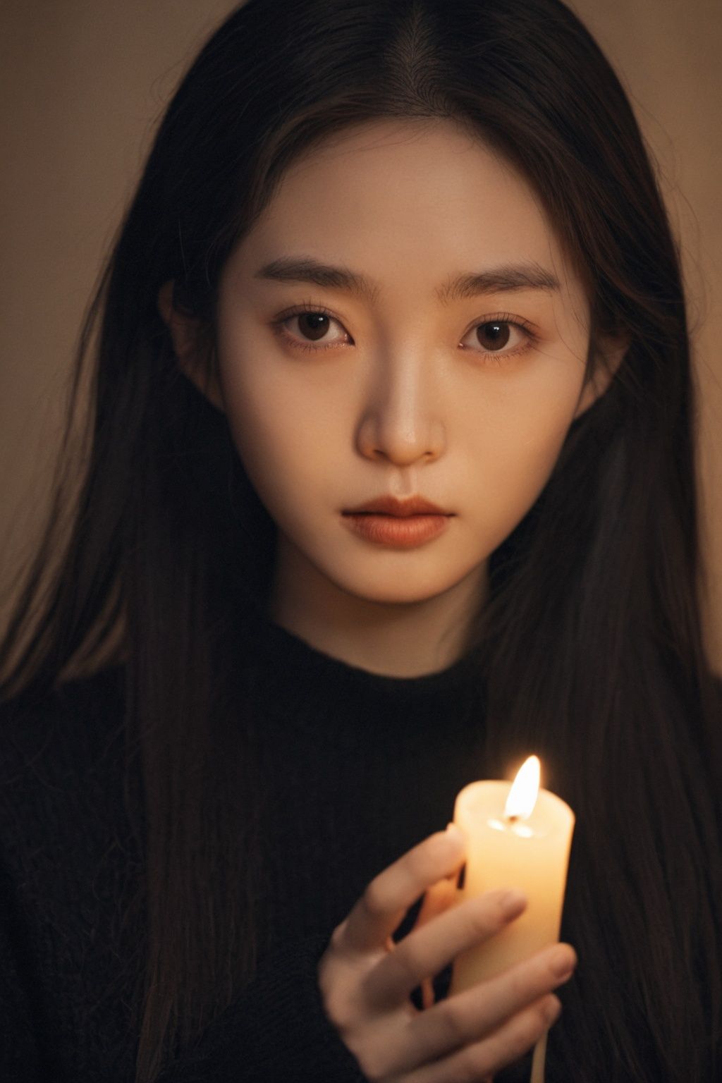 a Chinese woman with long hair and a black sweater is holding a candle in her hand and looking at the camera,