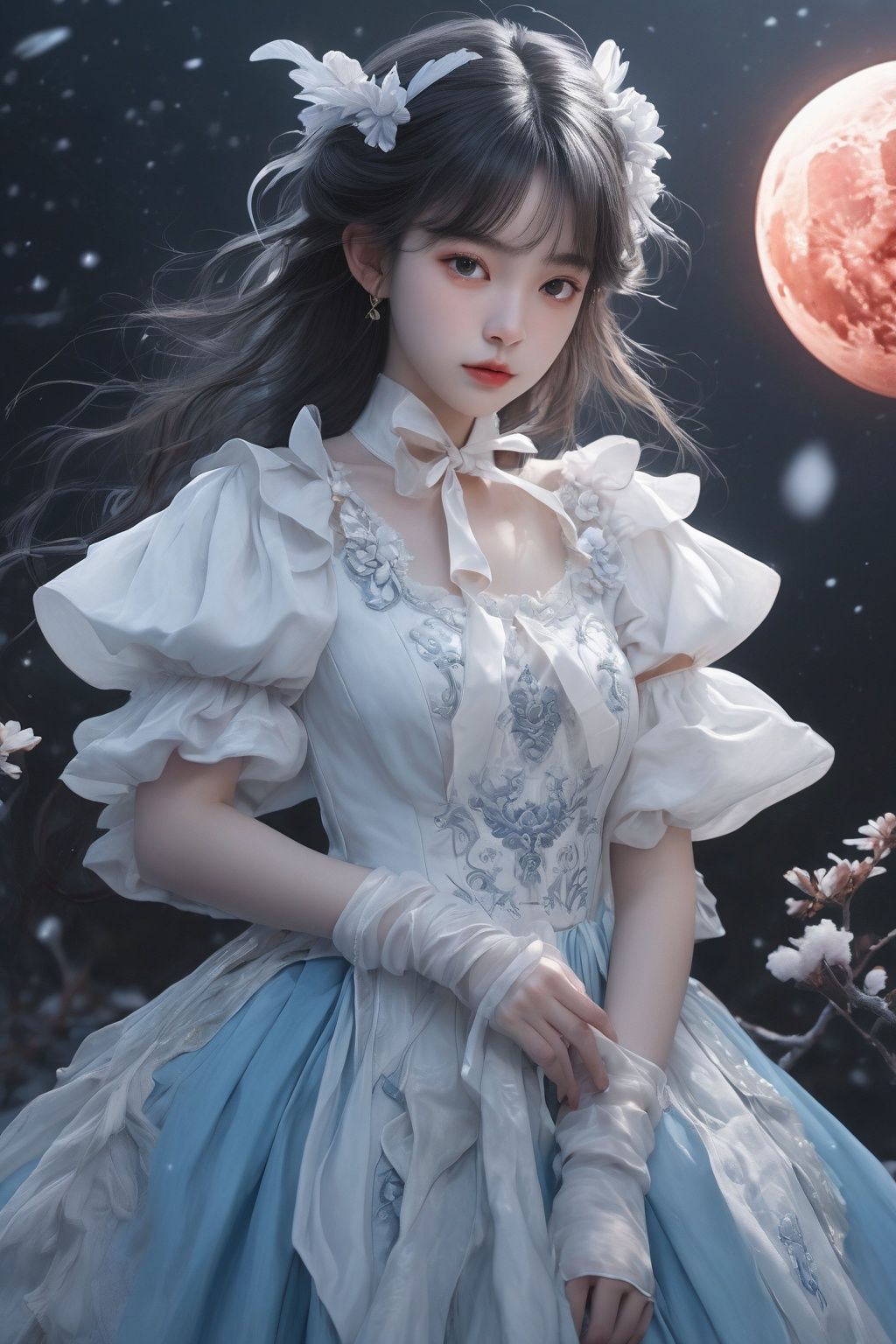 1girl,solo,looking at viewer,(photorealistic:1.4),hiten_1,(((masterpiece))),best quality,beautiful detailed glow,detailed ice,beautiful detailed water,red moon,snowflake,(beautiful detailed eyes),expressionless,beautiful detailed white gloves,(floating cloud:1.2),azure hair,disheveled hair,long bangs,hairs between eyes,dark dress,(dark magician girl:1.1),black kneehighs,black ribbon,white bowties,midriff,half closed eyes,big forhead,blank stare,flower,large top sleeves,, 1girl,solo,looking at viewer,Best quality,masterpiece,ultra high res,(photorealistic:1.4)