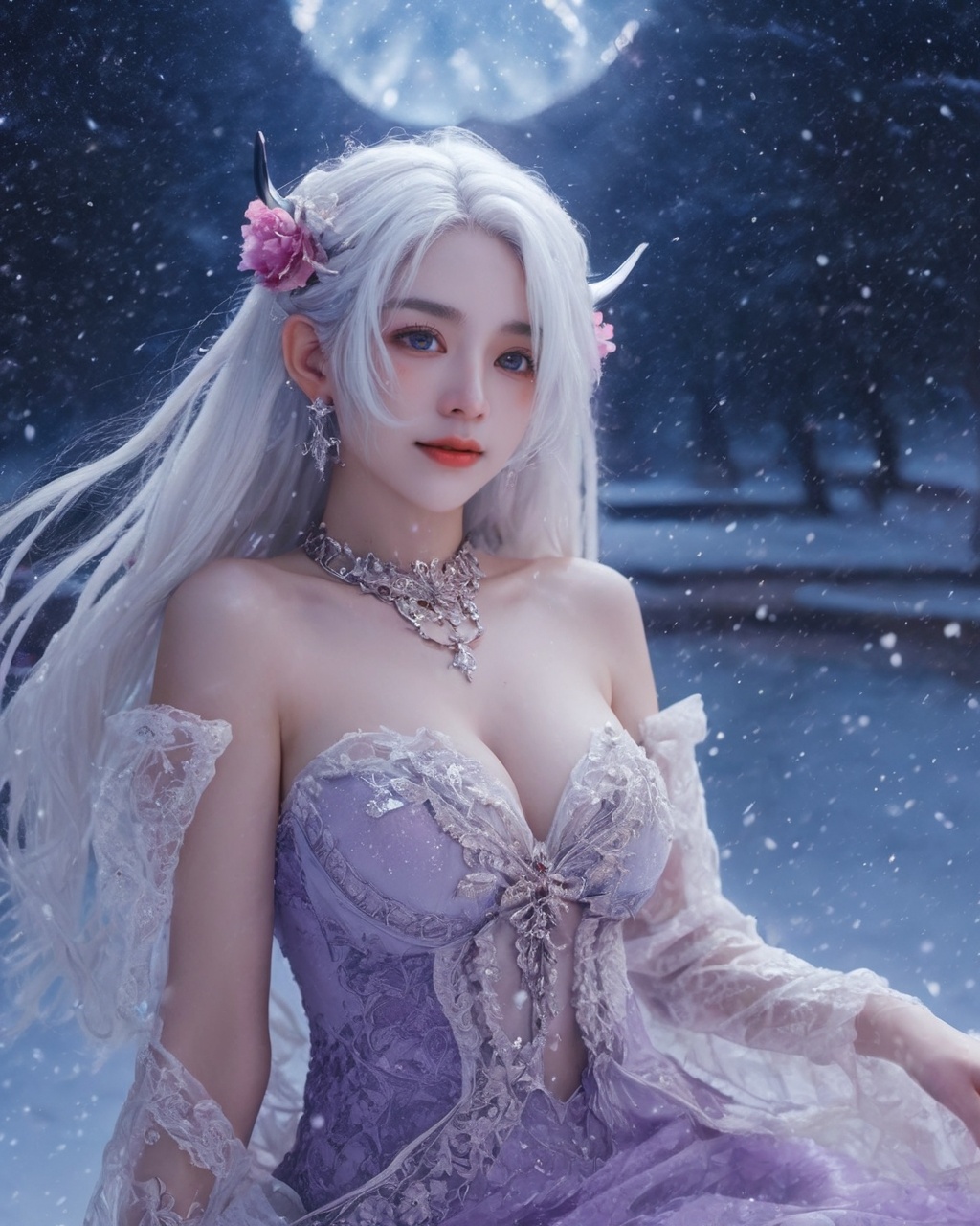 starry sky,clusters of stars,snow,lovely,straight-on,cinematic angle,female focus,white_hair,red_eyes,light smile,nervous,skin fang,horns,1girl,beautiful purple eyes,wavy silver hair,crying,water eyes,looking at viewers,delicate Gothic evening gown,detailed lace and decorative border,detailed lace glove,detailed jewelry necklace,jewelry earrings,hair flower,snow,fog,violet garden,magnificent palaces,mountains,forests,night,detailed colorful star sky,cinematic lighting,super detLarge depth of field,oil,soaked,untied bikini,micro bikini,no_bra,see-through,clothes_lift,armpits,