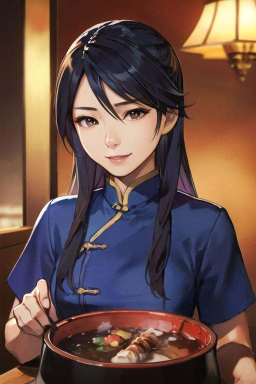 Portrait chinese natural beautiful woman red and blue in hot pot restaurant,  highly detailed,  intricate on Tensor.Art