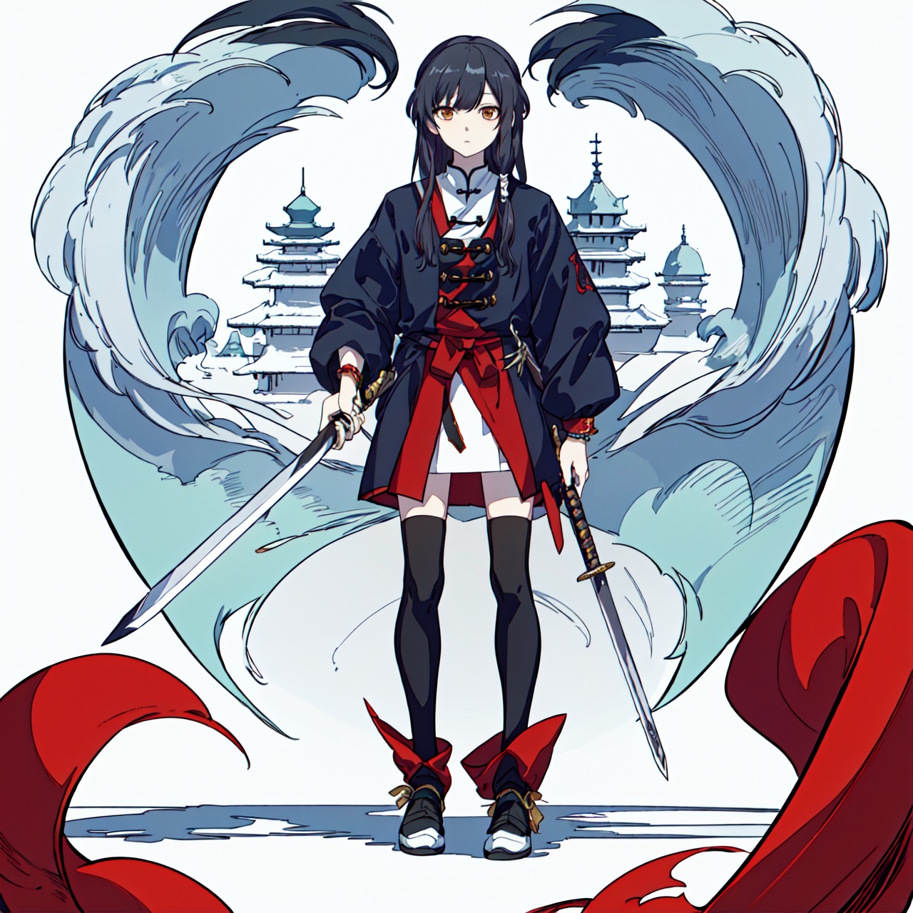 8k, best quality, masterpiece, (ultra-detailed:1.1), (high detailed skin), (full body:1.2), white background, black hair,jilin,holding weapon,long sleeves,chinese clothes,sword,thighhighs,weapon,brown eyes,headdress,crown,hair ornament,long hair,bracelet,jewelry,wide sleeves,
