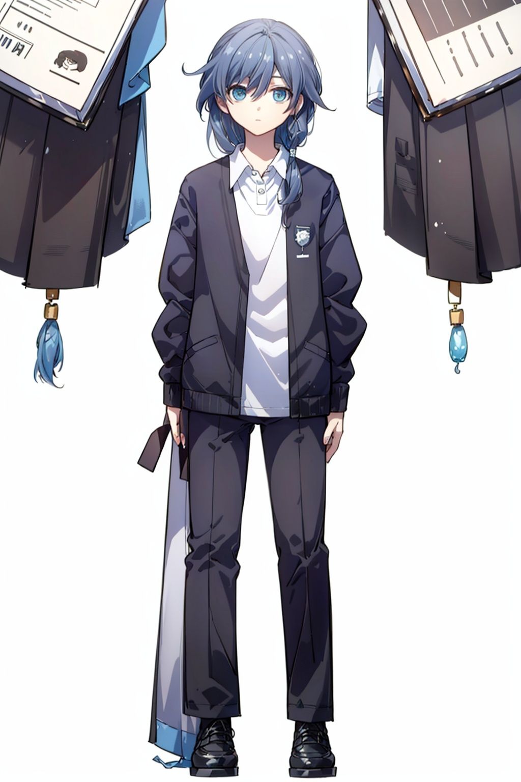 (masterpiece:1.3),(the best quality:1.2),(super fine illustrations:1.2),(Masterpiece),high quality,high detail,(white background:1.2),looking at viewer,(SOLO:1.4),outline,simple background,, blue eyes,fu hua,white shirt,collared shirt,shirt,black jacket,grey hair,hair between eyes,