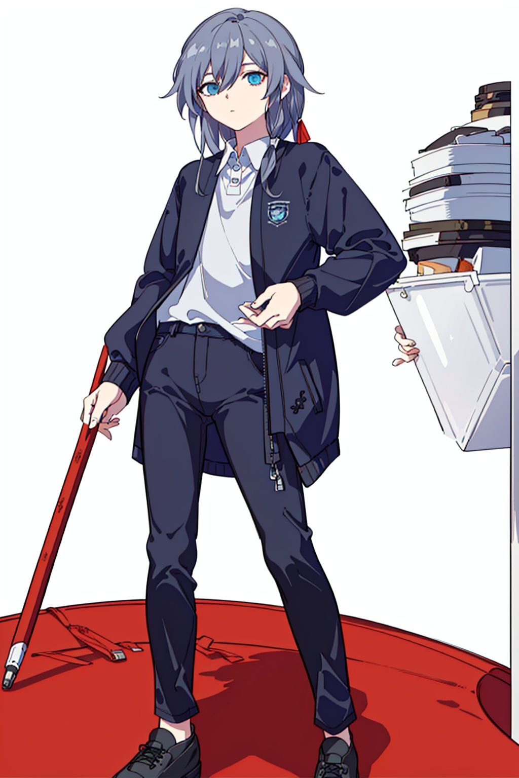 (masterpiece:1.3),(the best quality:1.2),(super fine illustrations:1.2),(Masterpiece),high quality,high detail,(white background:1.2),looking at viewer,(SOLO:1.4),outline,simple background,, blue eyes,fu hua,white shirt,collared shirt,shirt,black jacket,grey hair,hair between eyes,
