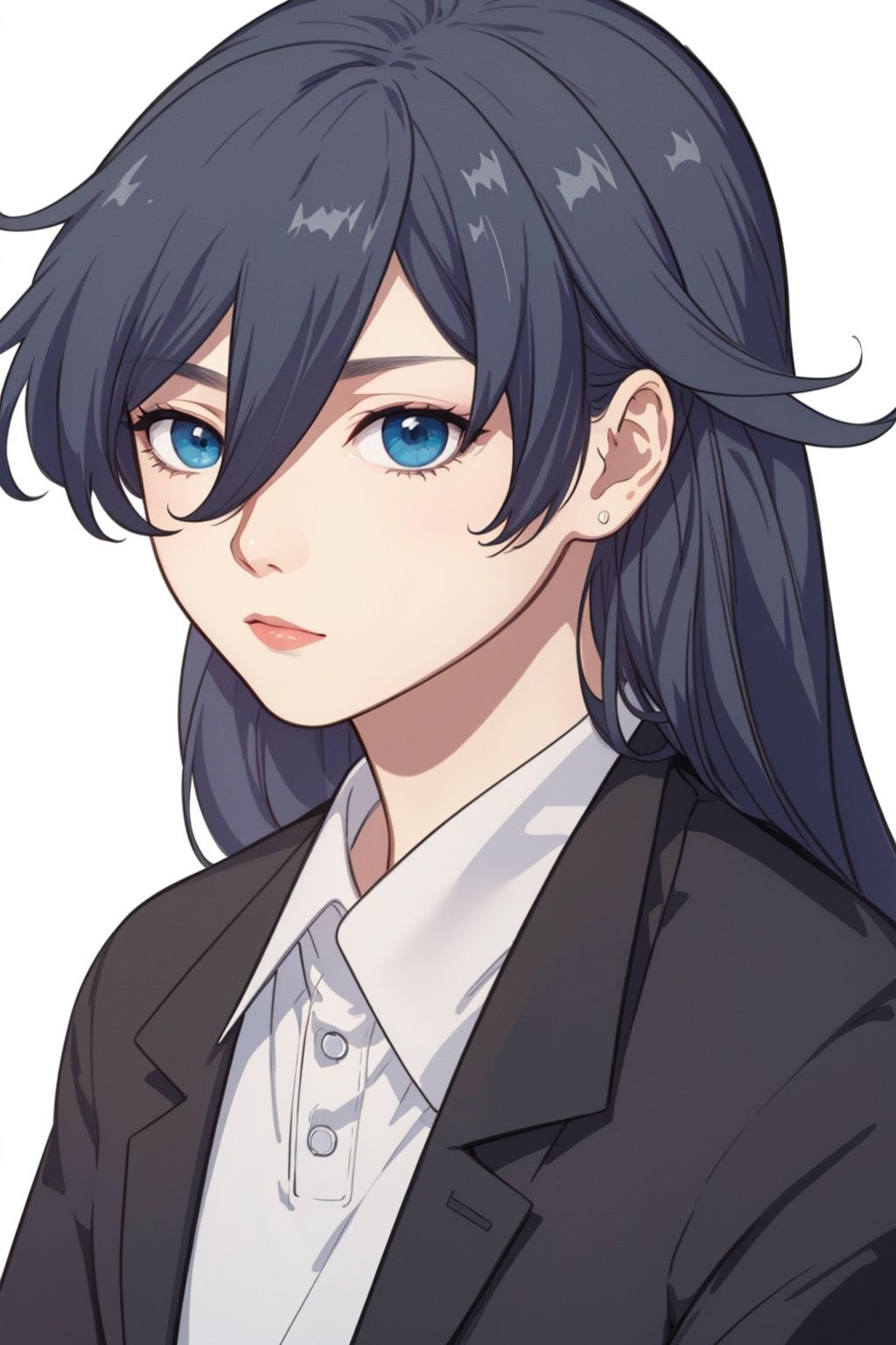 (masterpiece:1.3),(the best quality:1.2),(super fine illustrations:1.2),(Masterpiece),high quality,high detail,(white background:1.2),looking at viewer,(SOLO:1.4),outline,simple background,, blue eyes,fu hua,white shirt,collared shirt,shirt,black jacket,grey hair,hair between eyes,

