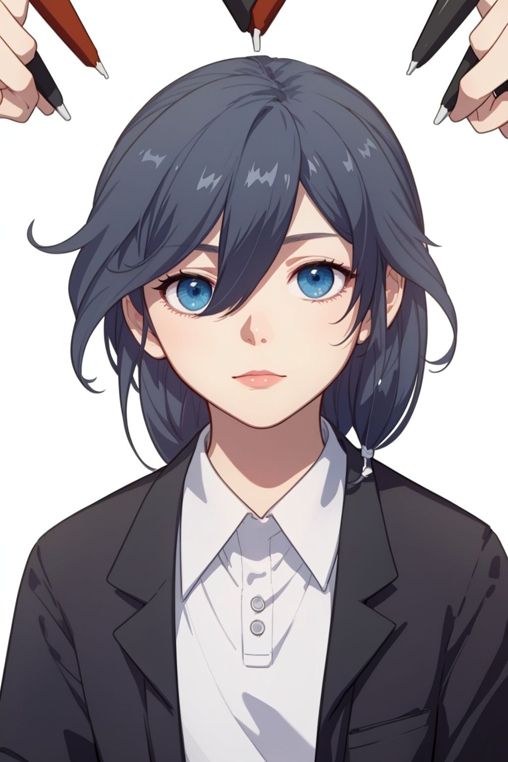 (masterpiece:1.3),(the best quality:1.2),(super fine illustrations:1.2),(Masterpiece),high quality,high detail,(white background:1.2),looking at viewer,(SOLO:1.4),outline,simple background,, blue eyes,fu hua,white shirt,collared shirt,shirt,black jacket,grey hair,hair between eyes,
