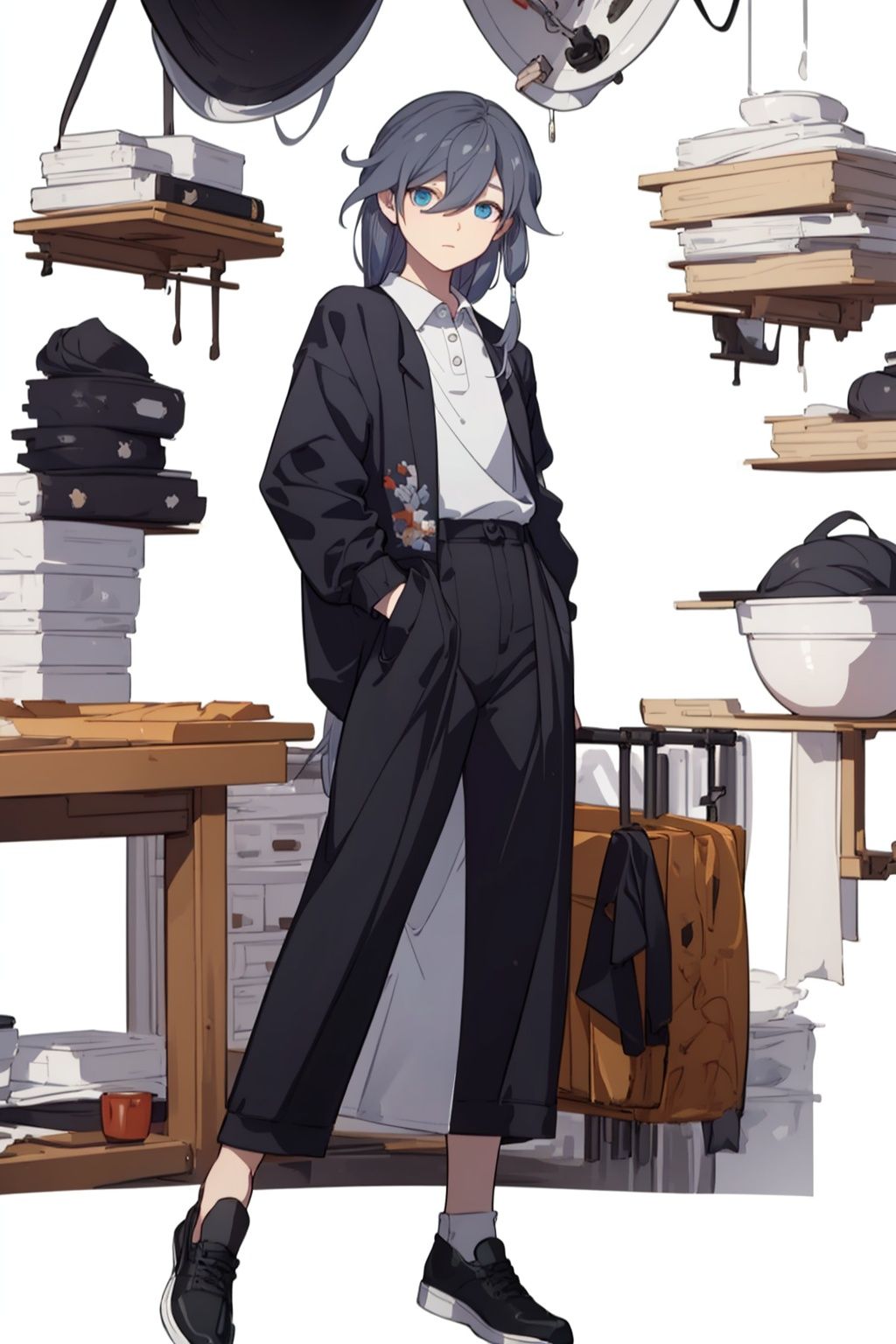 (masterpiece:1.3),(the best quality:1.2),(super fine illustrations:1.2),(Masterpiece),high quality,high detail,(white background:1.2),looking at viewer,(SOLO:1.4),outline,simple background,, blue eyes,fu hua,white shirt,collared shirt,shirt,black jacket,grey hair,hair between eyes,
