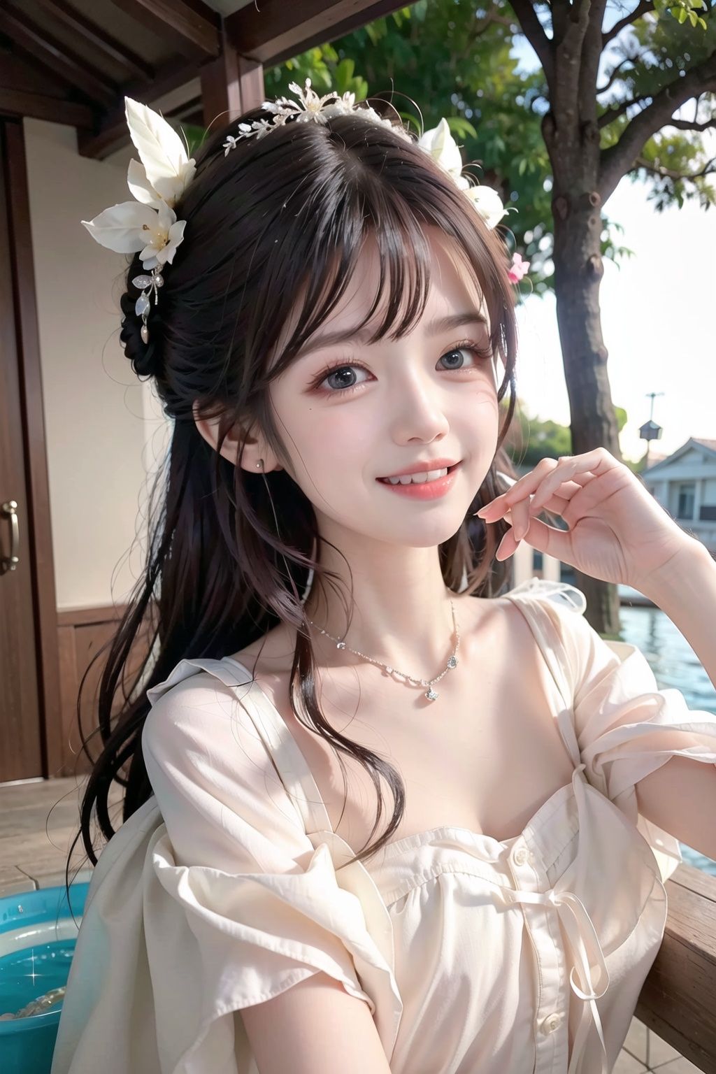 A girl, Extremely beautiful and delicate, Exquisite and complete facial features, Sexy pink lips, Unparalleled beauty, Watery, wide eyes, Sparkling pupil, Smile, Sweet, Leaky smile, Lovely wind, Toothy smile, Backlight