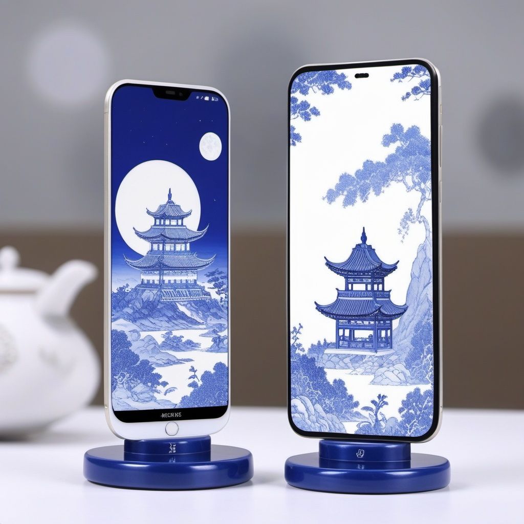 Product display,A mobile phone,huan, no humans,space,wujie,blue and white porcelain