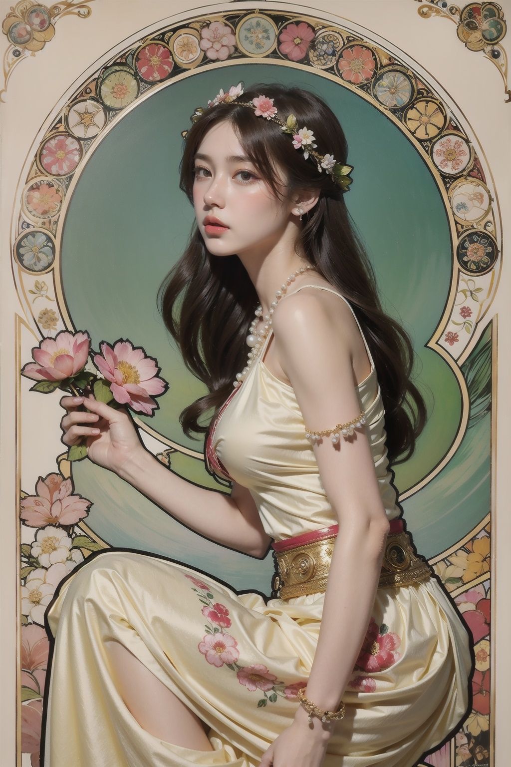 1girl,mucha art style,graphic illustration style,headwear,jewelry,pearls and jewels,d background,summer long skirt,, best quality,masterpiece,(photo realistic),