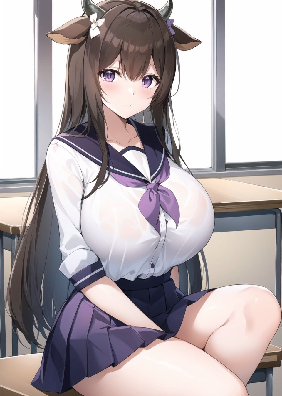 kashino_\(azur_lane\),purple eyes,long hair, cow_ears, cow_horns, brown_hair, gigantic breasts,school uniform,pleated skirt, classroom, sitting,, masterpiece, best quality, extremely detailed face, sharp details, high contrast,