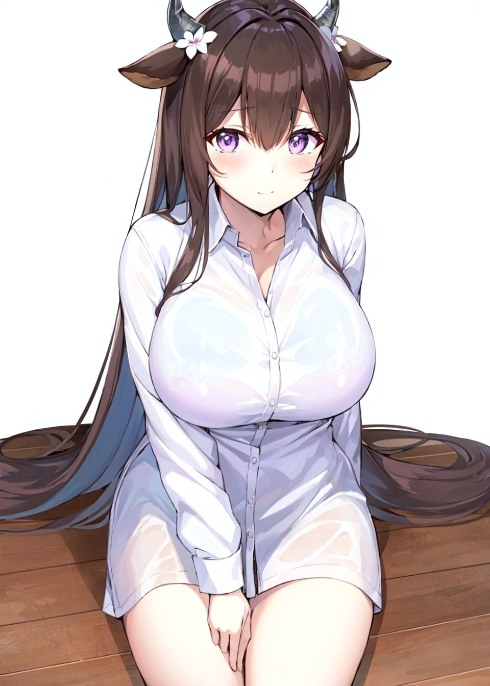 kashino_\(azur_lane\),purple eyes,long hair, cow_ears, cow_horns, brown_hair, gigantic breasts,white_shirt,oversized shirt,yokozuwari,masterpiece, best quality, extremely detailed face, sharp details, high contrast,from above,sitting