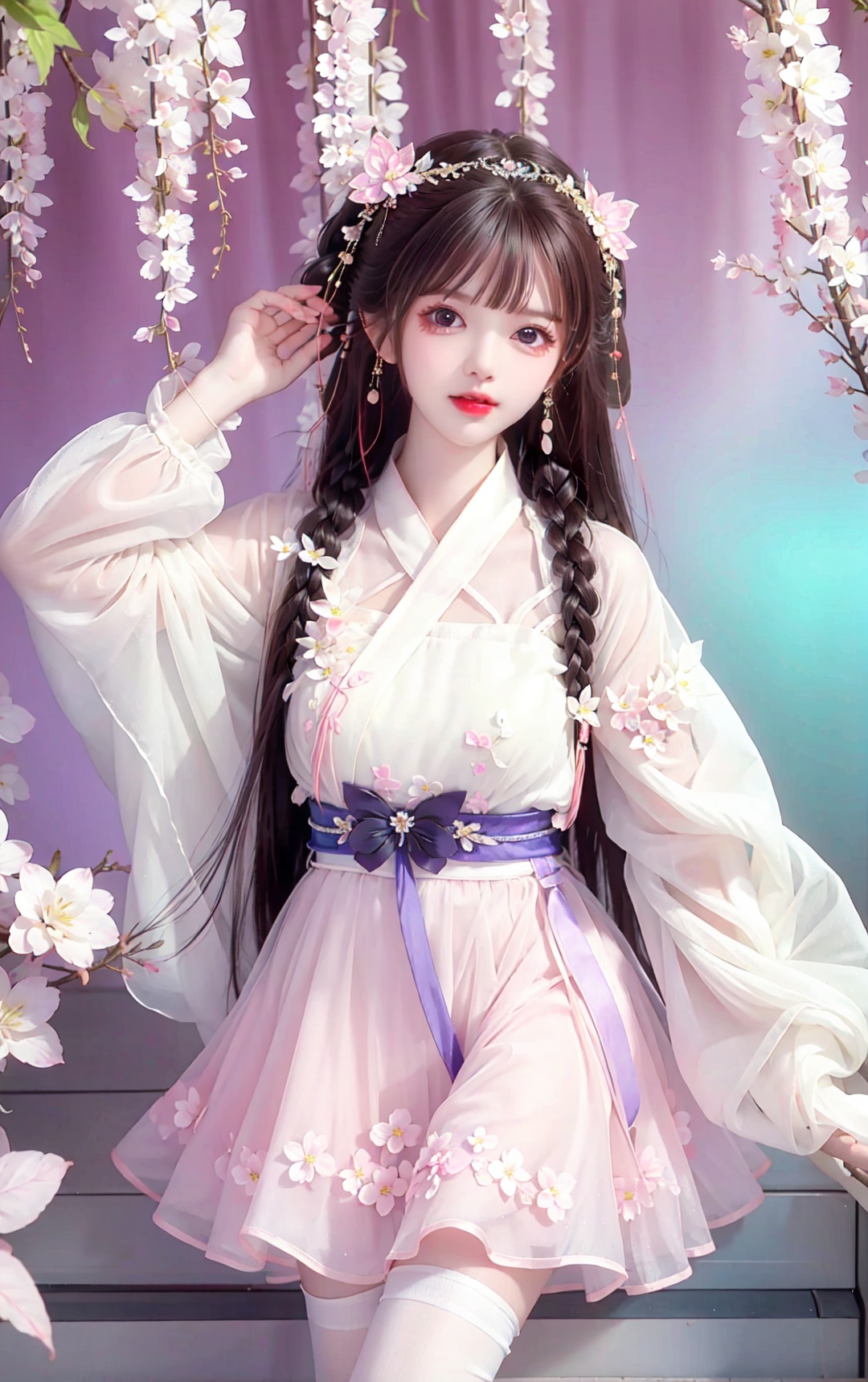  hanfu,1girl, solo, dress, long hair, butterfly, brown hair, thighhighs, bug, flower, hair ornament, looking at viewer, white dress, bangs, white thighhighs, long sleeves, parted lips, butterfly hair ornament, wisteria, red lips, petals, blunt bangs, 1girl, cuteloli