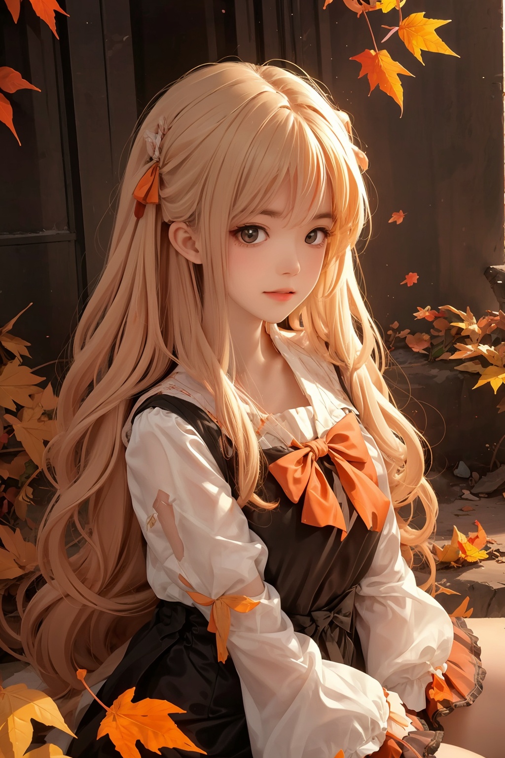  1girl, Autumn, fallen leaves, orange and red tone color
