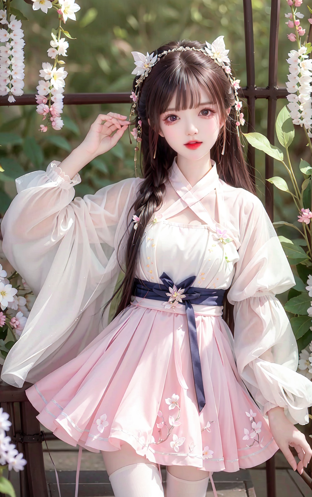  hanfu,1girl, solo, dress, long hair, butterfly, brown hair, thighhighs, bug, flower, hair ornament, looking at viewer, white dress, bangs, white thighhighs, long sleeves, parted lips, butterfly hair ornament, wisteria, red lips, petals, blunt bangs, 1girl, cuteloli