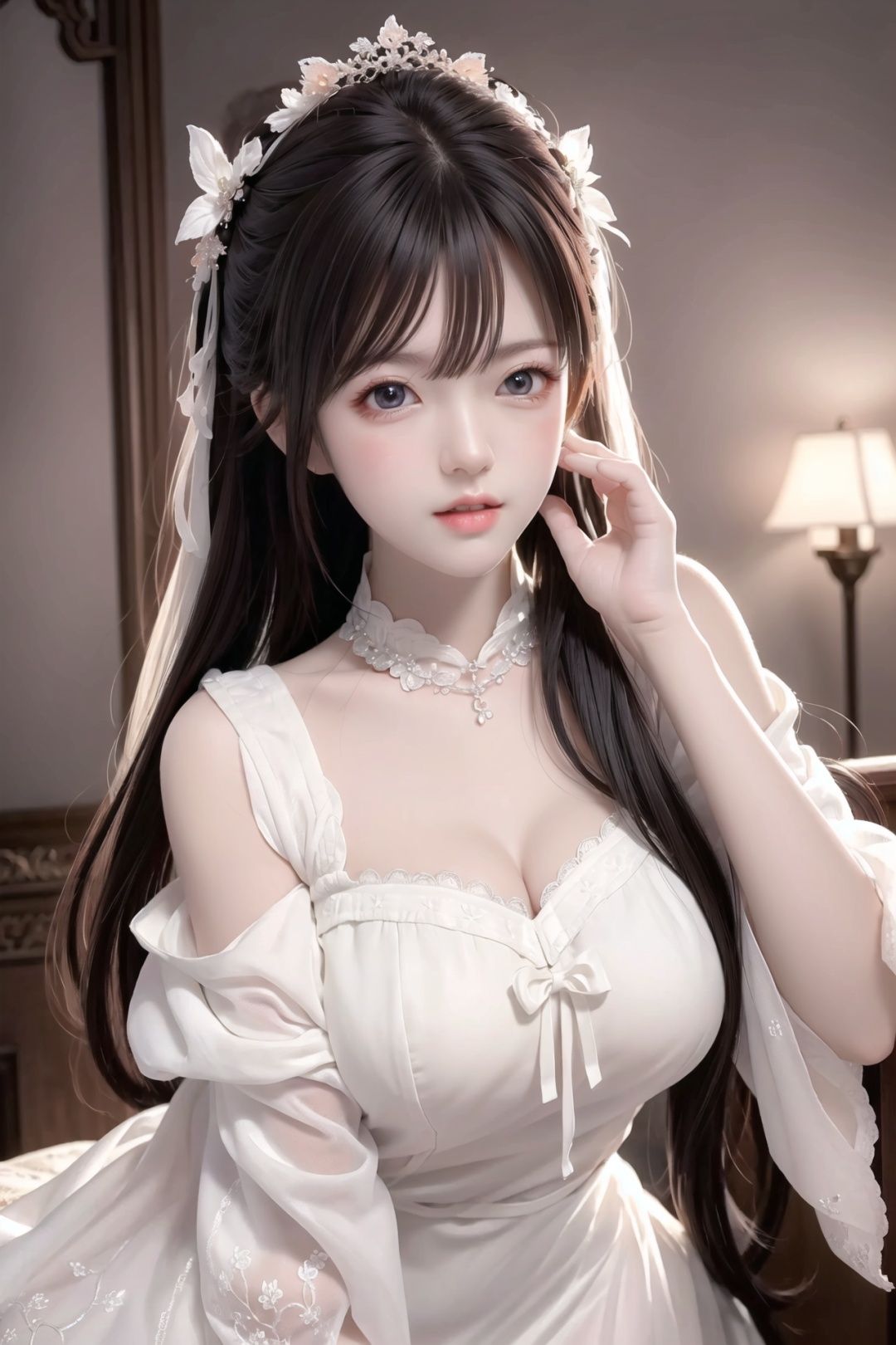 (white clothes:1.1),((beautiful face)), extremely delicate facial, the creamy smooth skin, (extremely detailed cg 8k wallpaper), masterpiecel, an extremely delicate and beautiful, extremely detailed, intricate, hyper detailed, 1girlhugebreasts, tender Shining, amazing scene lighting, photorealistic, cowboy shot, (best quality),jinmeng,1girl